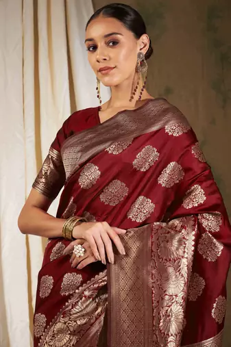 Maroon Color Weaving Work Banarasi silk blend Saree With Blouse
