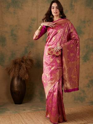 Pink Color Weaving Work Banarasi silk blend Saree With Blouse 4
