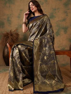 Neavy Blue Color Weaving Work Banarasi silk blend Saree With Blouse 1