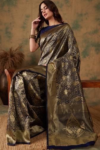 Neavy Blue Color Weaving Work Banarasi silk blend Saree With Blouse