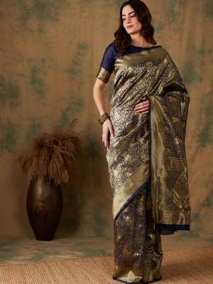 Neavy Blue Color Weaving Work Banarasi silk blend Saree With Blouse 2