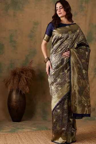 Neavy Blue Color Weaving Work Banarasi silk blend Saree With Blouse