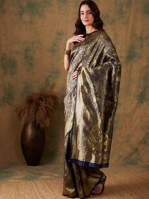 Neavy Blue Color Weaving Work Banarasi silk blend Saree With Blouse 3