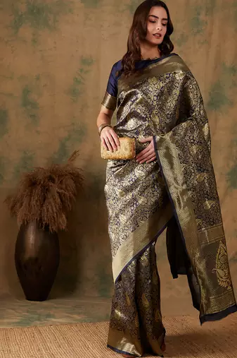 Neavy Blue Color Weaving Work Banarasi silk blend Saree With Blouse