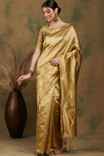 Gold Banrasi silk blend Saree with Designer Pallu