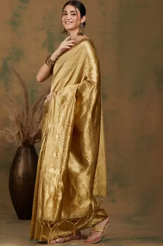 Gold Banrasi silk blend Saree with Designer Pallu