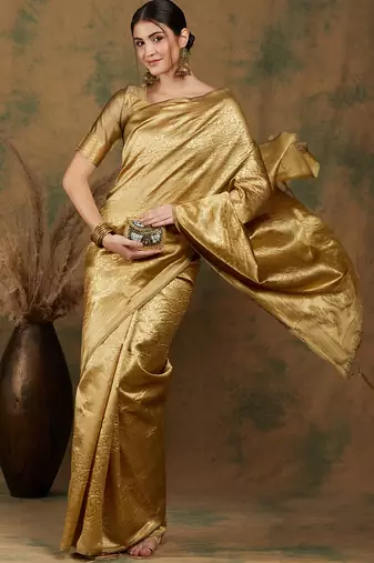 Gold Banrasi silk blend Saree with Designer Pallu