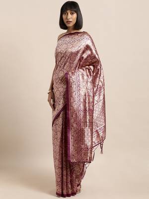 Wine Color Weaving Work Banarasi silk blend Saree With Blouse 1