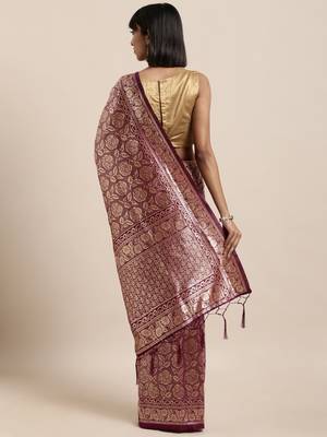 Wine Color Weaving Work Banarasi silk blend Saree With Blouse 2