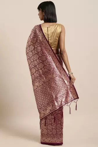 Wine Color Weaving Work Banarasi silk blend Saree With Blouse
