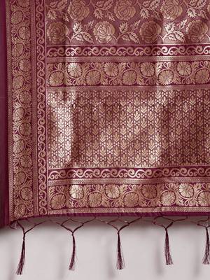Wine Color Weaving Work Banarasi silk blend Saree With Blouse 4