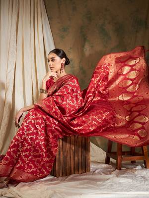 Red Color Weaving Work Banarasi silk blend Saree With Blouse 1