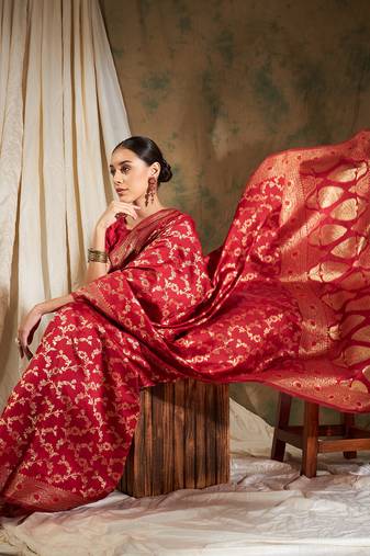 Red Color Weaving Work Banarasi silk blend Saree With Blouse