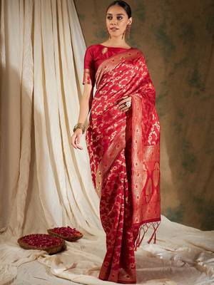 Red Color Weaving Work Banarasi silk blend Saree With Blouse 2