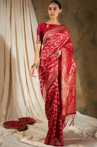 Red Color Weaving Work Banarasi silk blend Saree With Blouse