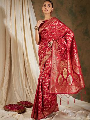 Red Color Weaving Work Banarasi silk blend Saree With Blouse 3
