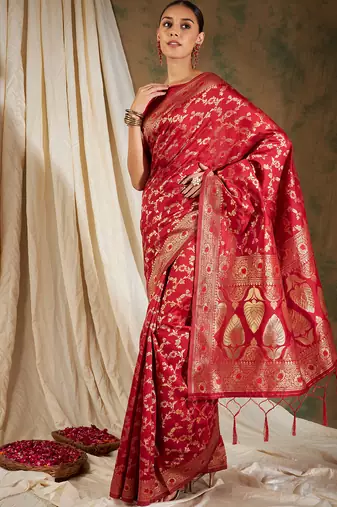 Red Color Weaving Work Banarasi silk blend Saree With Blouse