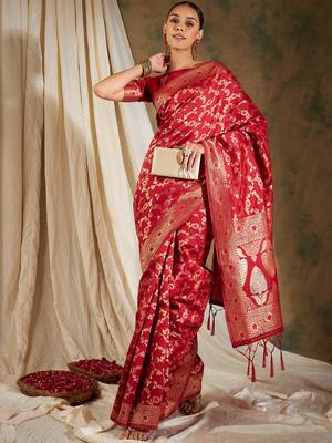 Red Color Weaving Work Banarasi silk blend Saree With Blouse 4