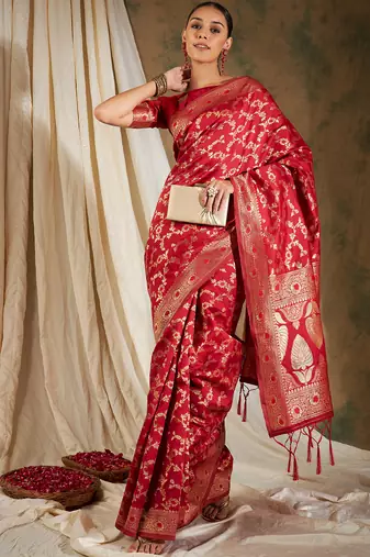 Red Color Weaving Work Banarasi silk blend Saree With Blouse