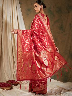 Red Color Weaving Work Banarasi silk blend Saree With Blouse 5