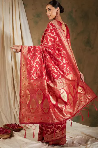 Red Color Weaving Work Banarasi silk blend Saree With Blouse