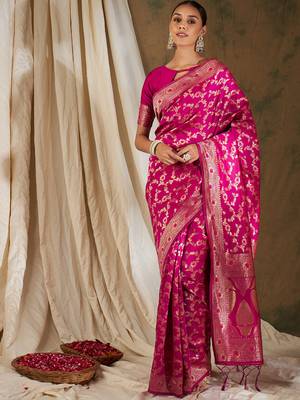 Pink Color Weaving Work Banarasi silk blend Saree With Blouse 3