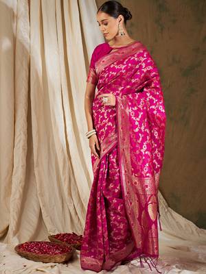 Pink Color Weaving Work Banarasi silk blend Saree With Blouse 1
