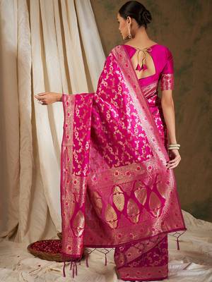 Pink Color Weaving Work Banarasi silk blend Saree With Blouse 4