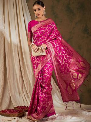 Pink Color Weaving Work Banarasi silk blend Saree With Blouse 5