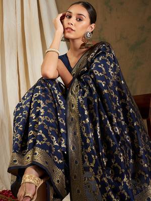Neavy Blue Color Weaving Work Banarasi silk blend Saree With Blouse 1