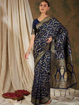 Neavy Blue Color Weaving Work Banarasi silk blend Saree With Blouse 2