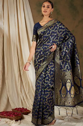 Neavy Blue Color Weaving Work Banarasi silk blend Saree With Blouse