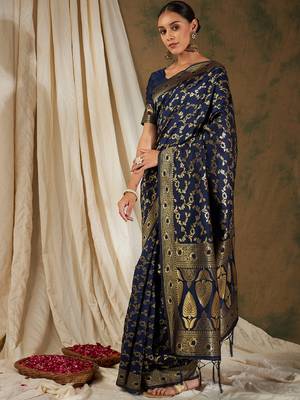 Neavy Blue Color Weaving Work Banarasi silk blend Saree With Blouse 3