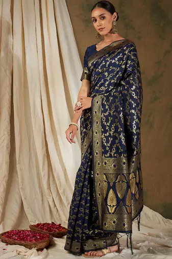 Neavy Blue Color Weaving Work Banarasi silk blend Saree With Blouse