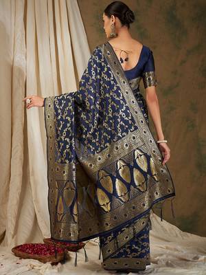 Neavy Blue Color Weaving Work Banarasi silk blend Saree With Blouse 4