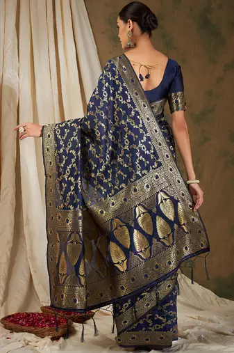 Neavy Blue Color Weaving Work Banarasi silk blend Saree With Blouse