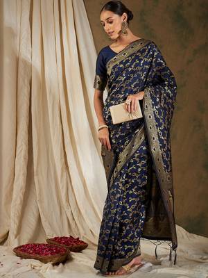 Neavy Blue Color Weaving Work Banarasi silk blend Saree With Blouse 5