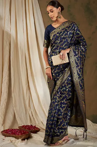 Neavy Blue Color Weaving Work Banarasi silk blend Saree With Blouse