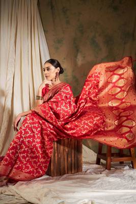 Pitch Color Weaving Work Banarasi silk blend Saree With Blouse 1