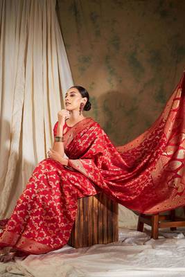 Pitch Color Weaving Work Banarasi silk blend Saree With Blouse 2
