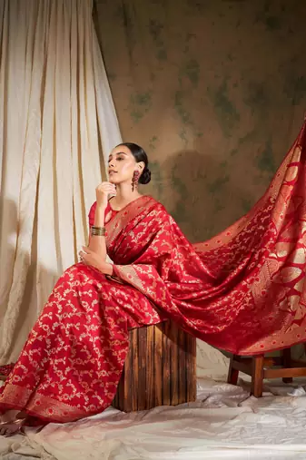 Pitch Color Weaving Work Banarasi silk blend Saree With Blouse