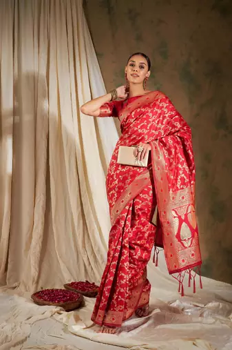 Pitch Color Weaving Work Banarasi silk blend Saree With Blouse