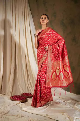 Pitch Color Weaving Work Banarasi silk blend Saree With Blouse