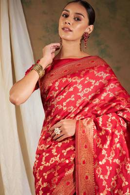 Pitch Color Weaving Work Banarasi silk blend Saree With Blouse 5