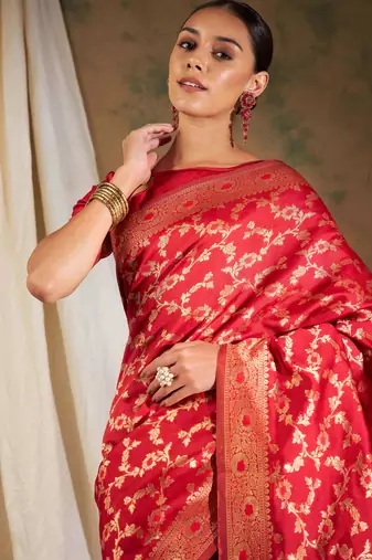 Pitch Color Weaving Work Banarasi silk blend Saree With Blouse