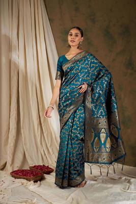 Sky Blue Color Weaving Work Banarasi silk blend Saree With Blouse 2