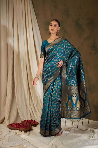 Sky Blue Color Weaving Work Banarasi silk blend Saree With Blouse