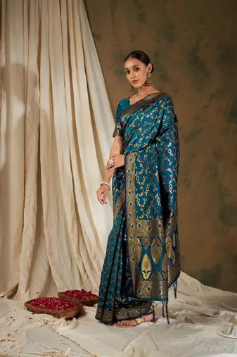 Sky Blue Color Weaving Work Banarasi silk blend Saree With Blouse