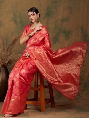 Pitch Color Weaving Work Banarasi silk blend Saree With Blouse 1