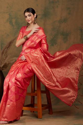 Pitch Color Weaving Work Banarasi silk blend Saree With Blouse